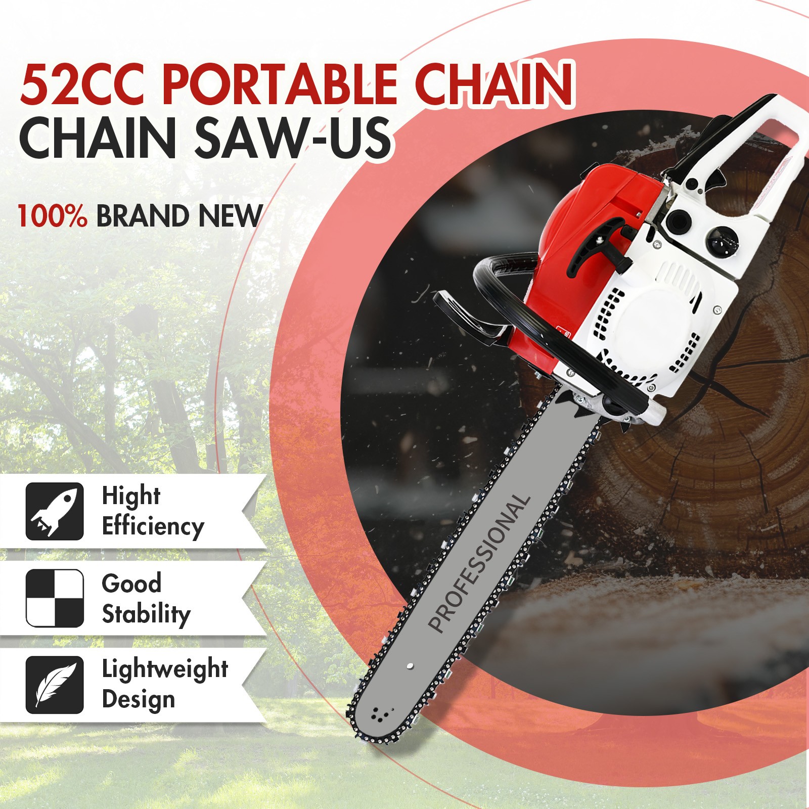2-Stroke Gasoline Chainsaw 52 CC 20″ Bar Power Engine Wood Cutting Gas Chain Saw
