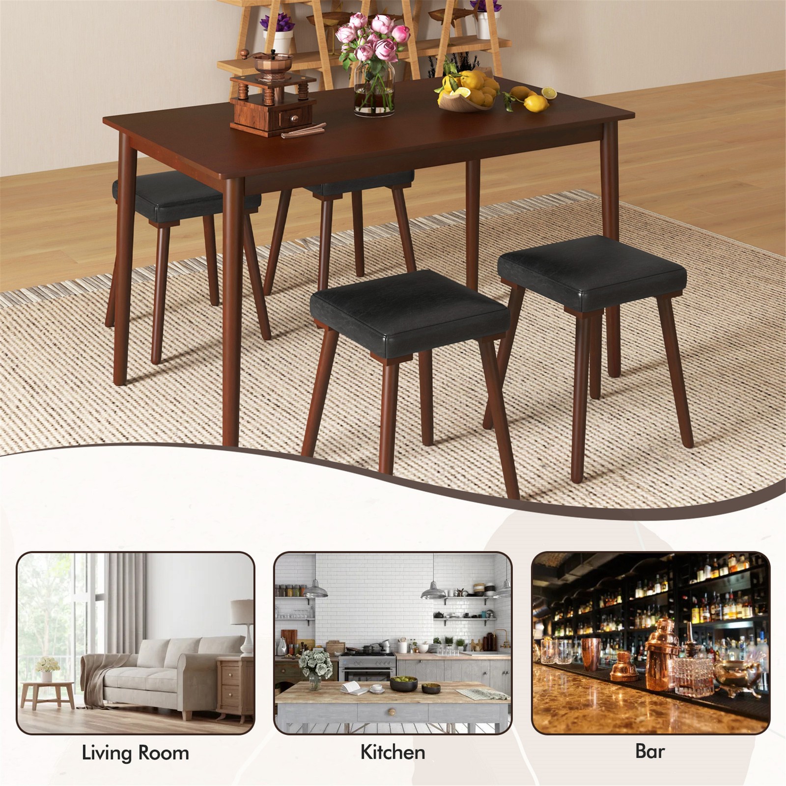 5PCS Dining Table Set for 4 w/ 4 Upholstered Stools Rubber Wood Legs for Kitchen