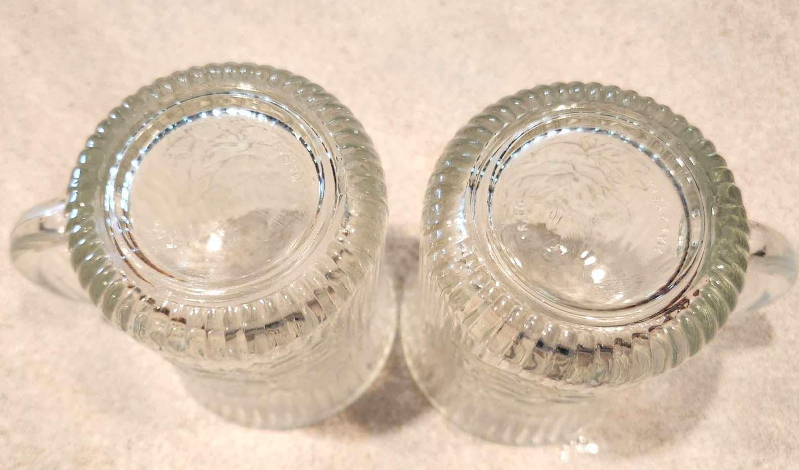 2 VINTAGE CLEAR ROSE FLOWERS EMBOSSED MUGS GLASS RIBBED ARCOROC KIG MALAYSIA