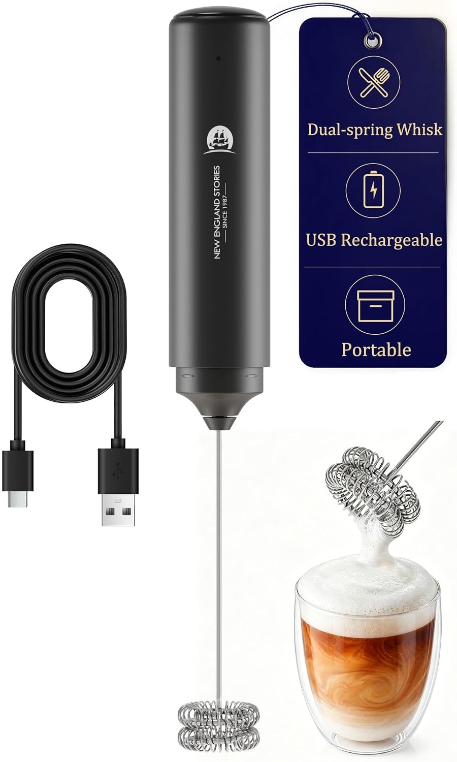 Rechargeable Handheld Milk Frother 2-IN-1 Dual Spring Electric Wand for Latte