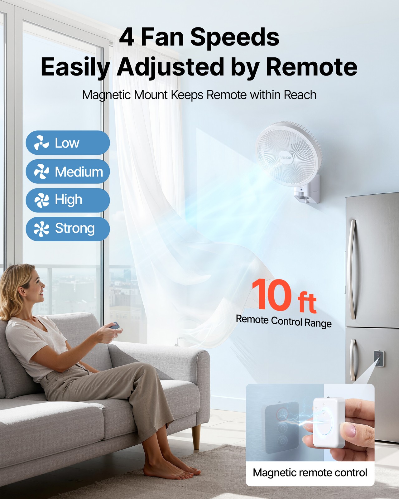 VEVOR 8.5 in Wall Mount Fan Oscillating with Remote Control 4 Speeds Timer Home