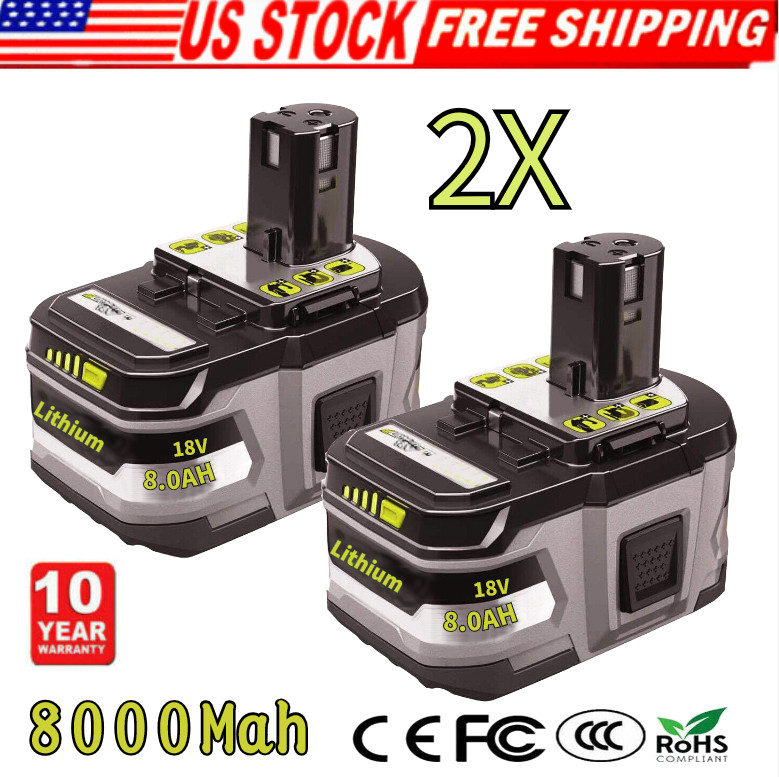 Battery 2X 8.0Ah Lithium-ion For RYOBI P108 18V One+ Plus High Capacity 18 Volt
