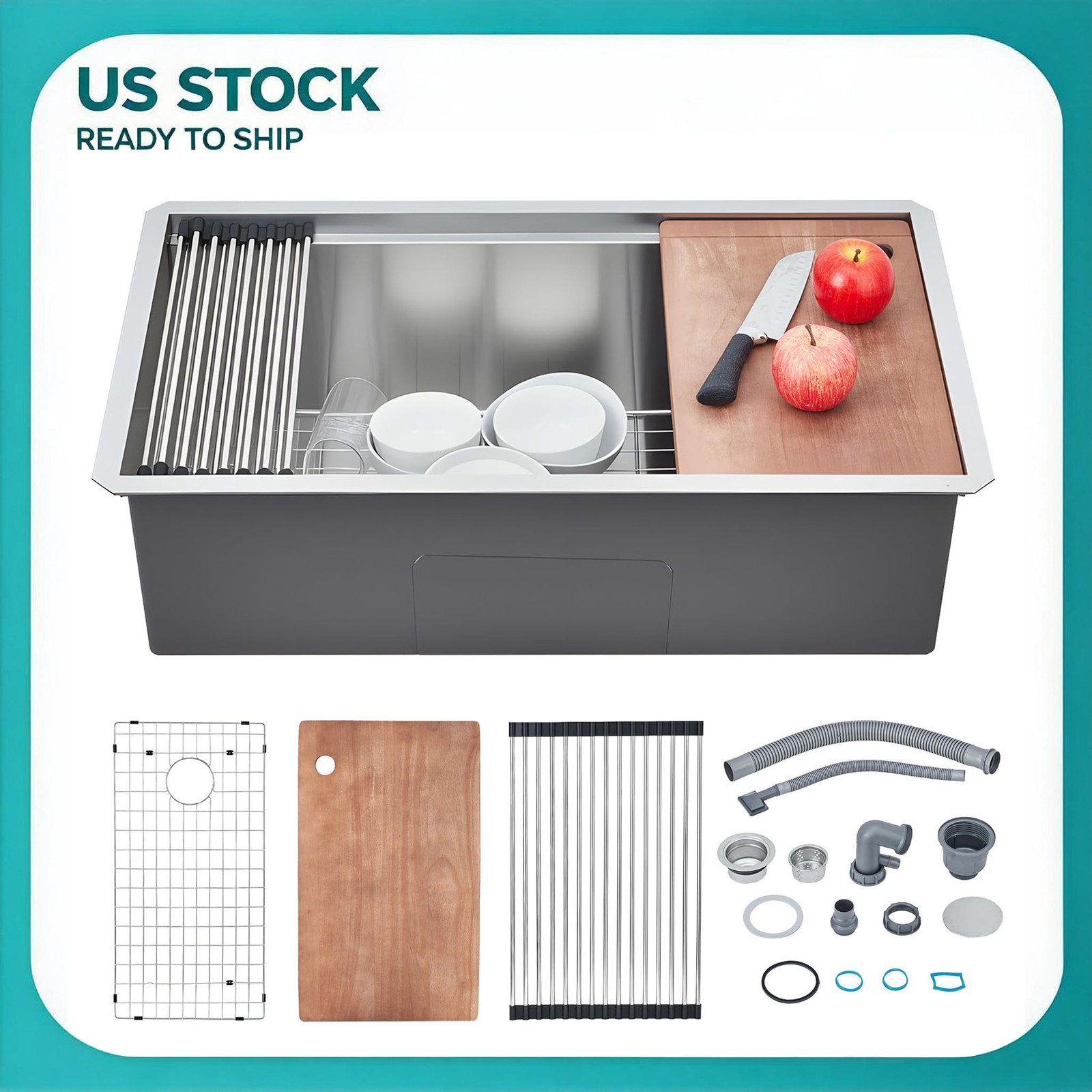 Sleek Kitchen Sink Undermount Single Bowl Stainless Steel 30 In w/ Grid Strainer