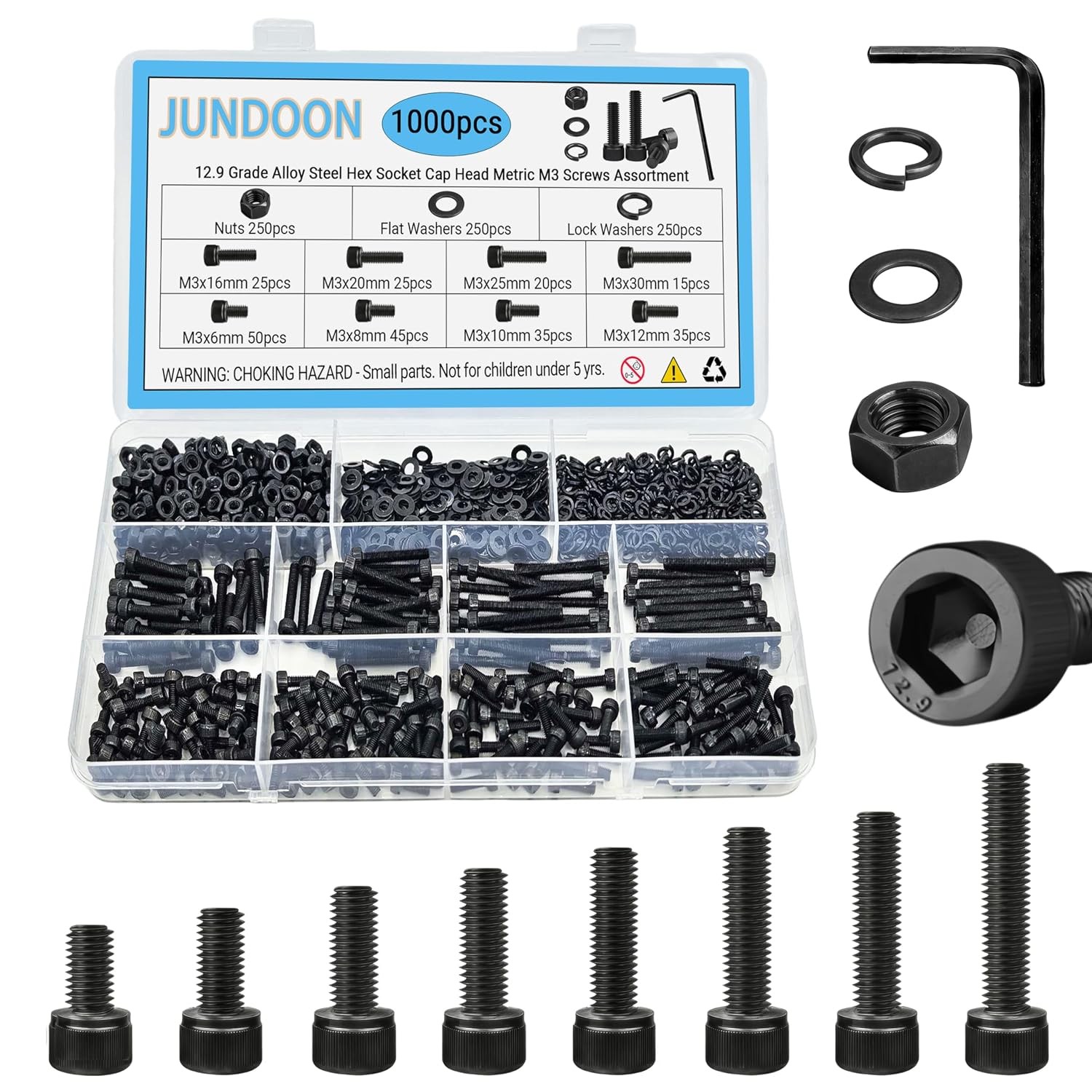 1000Pcs M3 Hex Socket Head Cap Screws Bolts Nuts & Washer Assortment Kit(6-30mm)