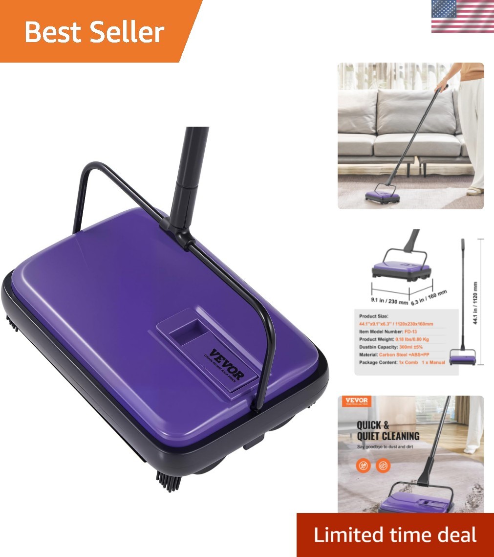Versatile 6.7in Carpet Sweeper – Quiet Operation, Easy Disposal, Purple Design