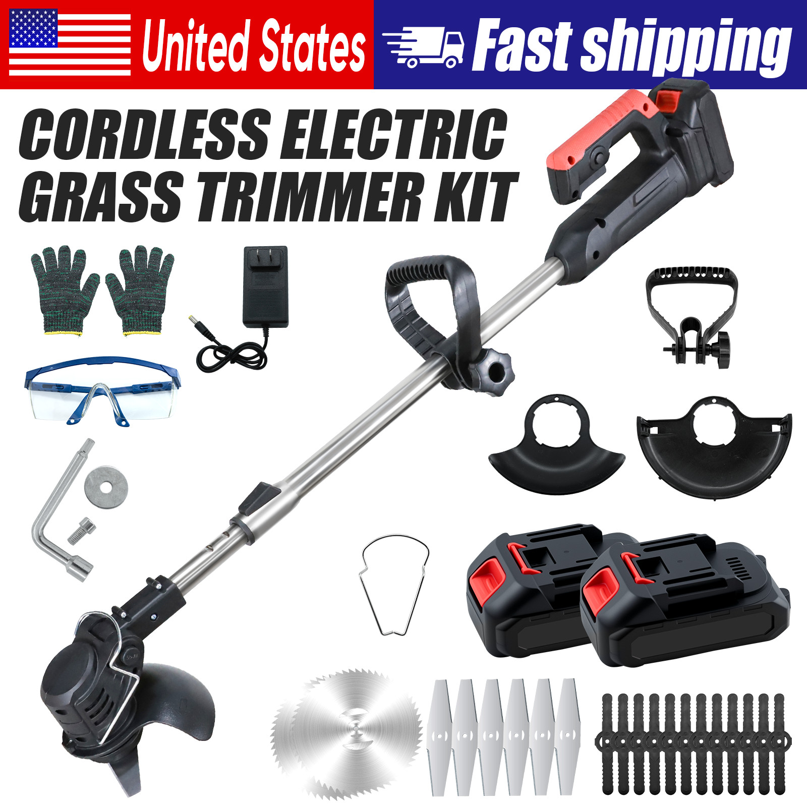 Cordless Grass String Trimmer Cutter Electric Weed Whacker Lawn Mower +2 Battery