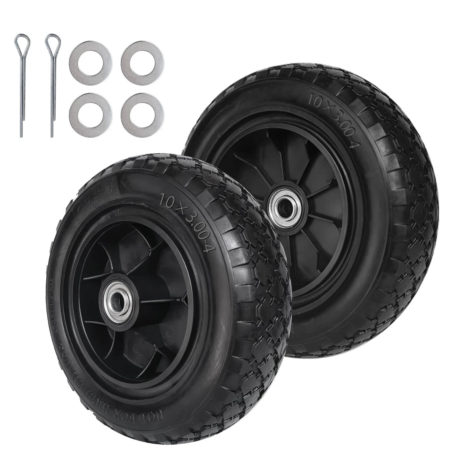 10 Inch 3.00-4 Flat Free Tire and Wheel Assembly with 5/8″ Bearings, 2.2″ Off…