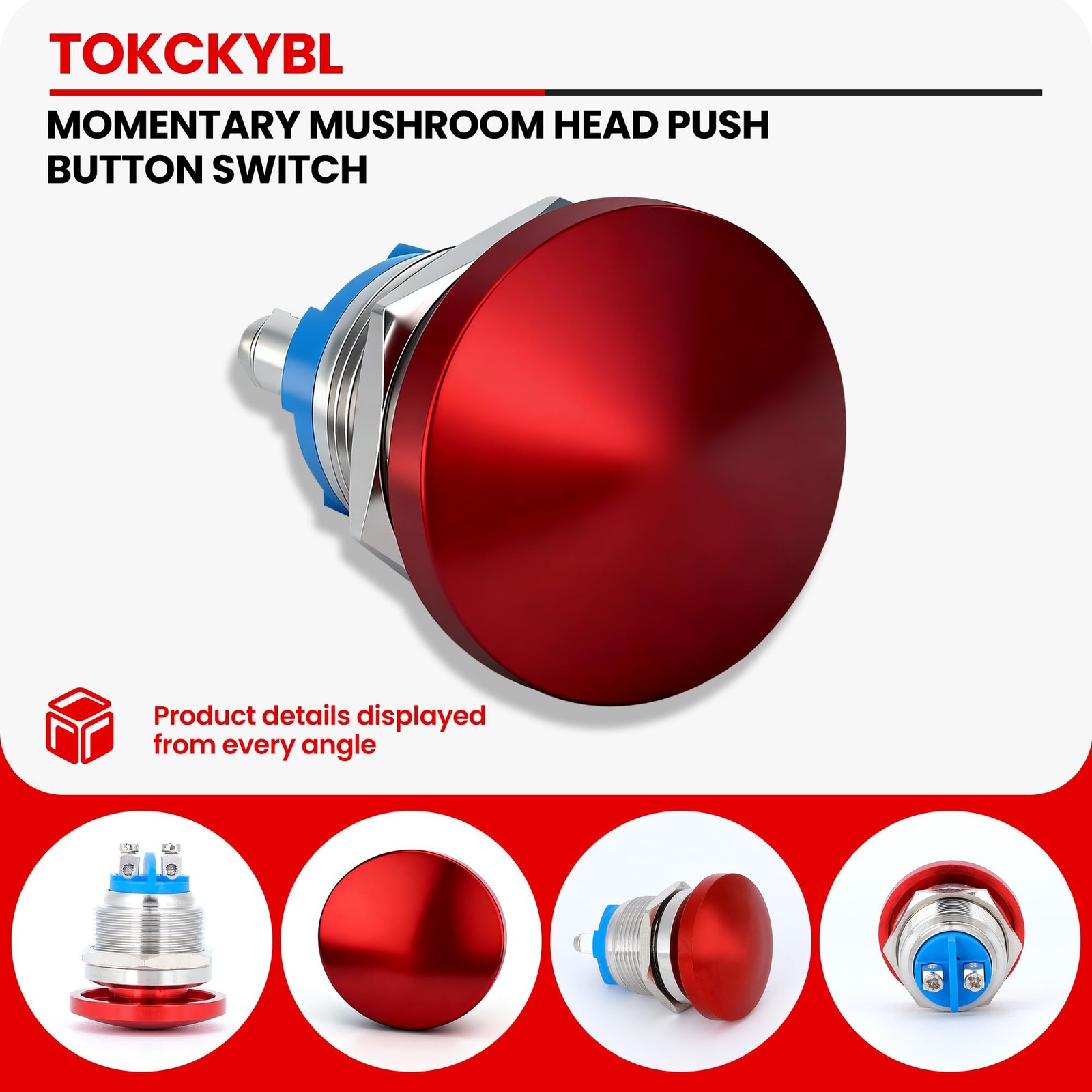 22mm Mushroom Head Momentary Push Button Switch, IP65 Waterproof 5A 12V/24V/3…