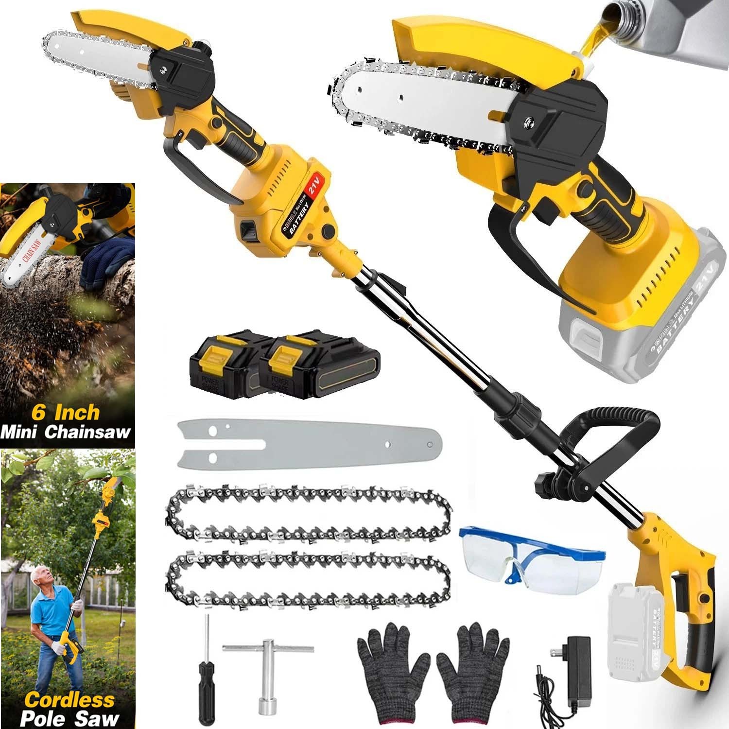 2 in1 Cordless Pole Saw Brushless Mini Chainsaw for Tree Trimming w/ 2 Batteries