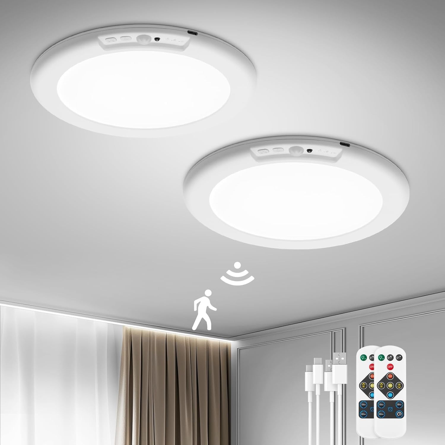1/2/4Pack Rechargeable Motion Sensor Ceiling Light with Remote Magnetic Wireless