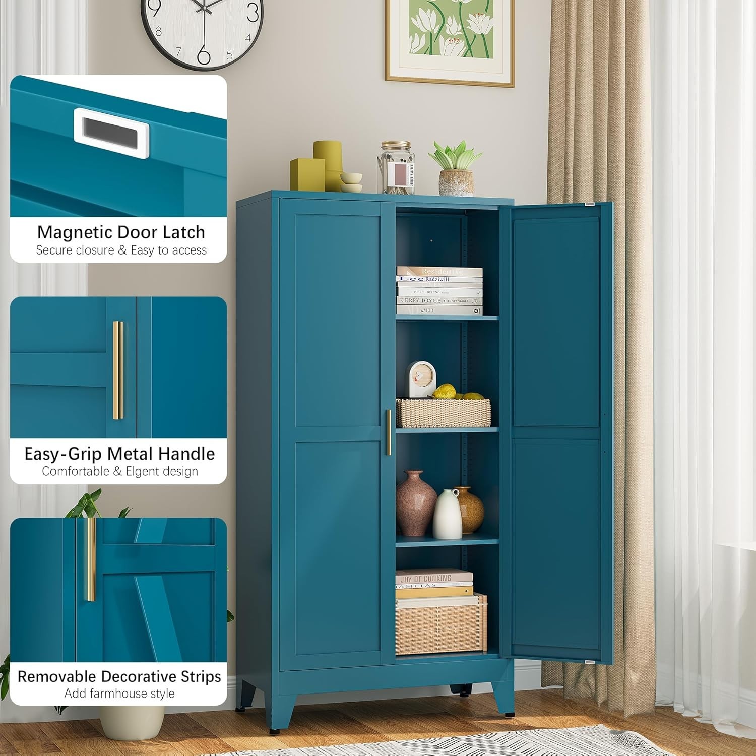 61”H Metal Pantry Storage Cabinet, Adjustable Shelves, For Kitchen, Office,Blue