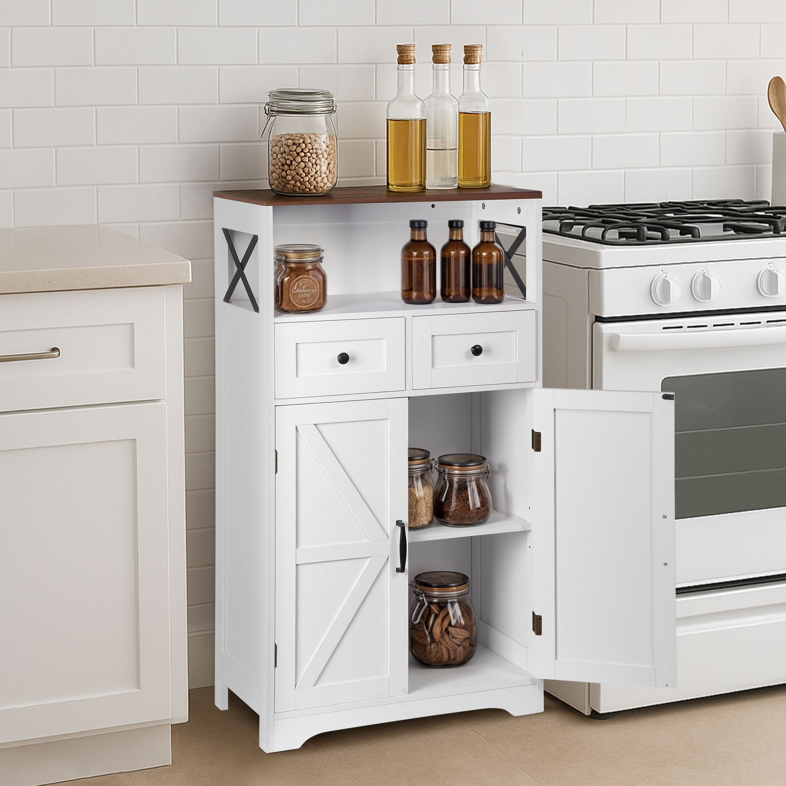 Farmhouse Storage Cabinet Bathroom Floor Cabinet Kitchen Pantry w/ Drawers White
