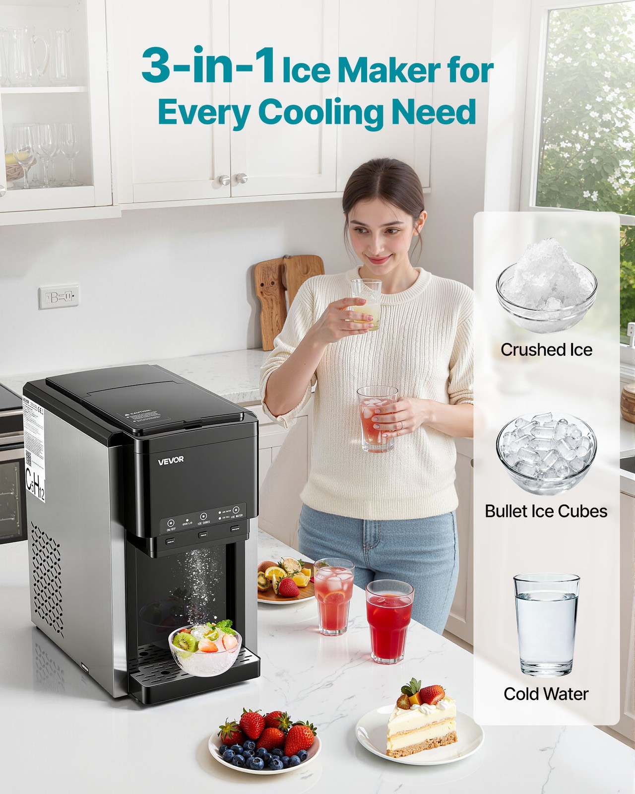 VEVOR Water Dispenser with Ice Maker 3-in-1 Countertop Water Cooler for Home