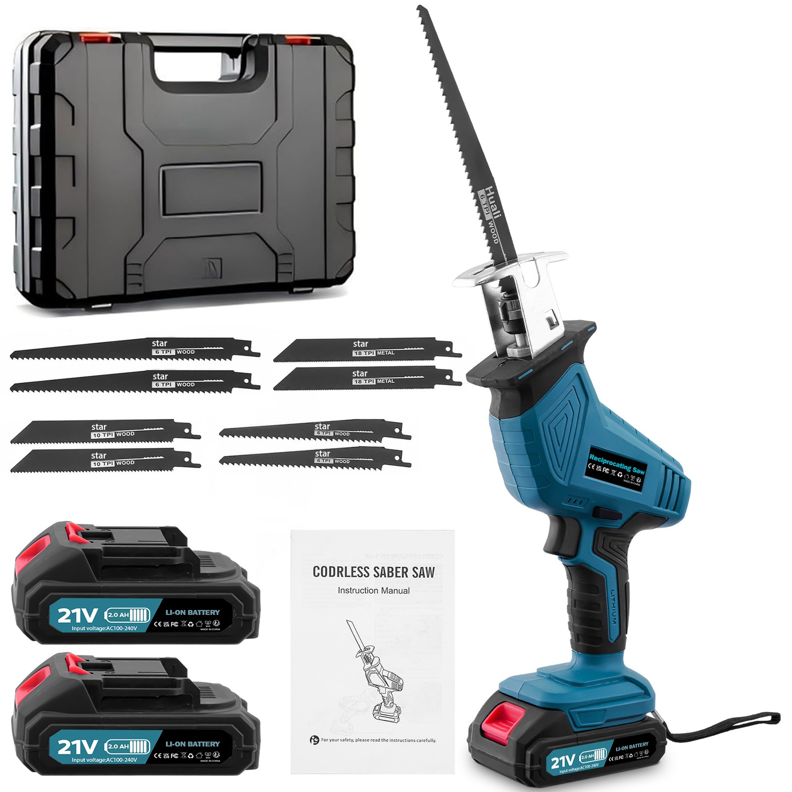 21V Cordless Reciprocating Saw Brushless with 2 Battery & Charger & 8 Saw Blade