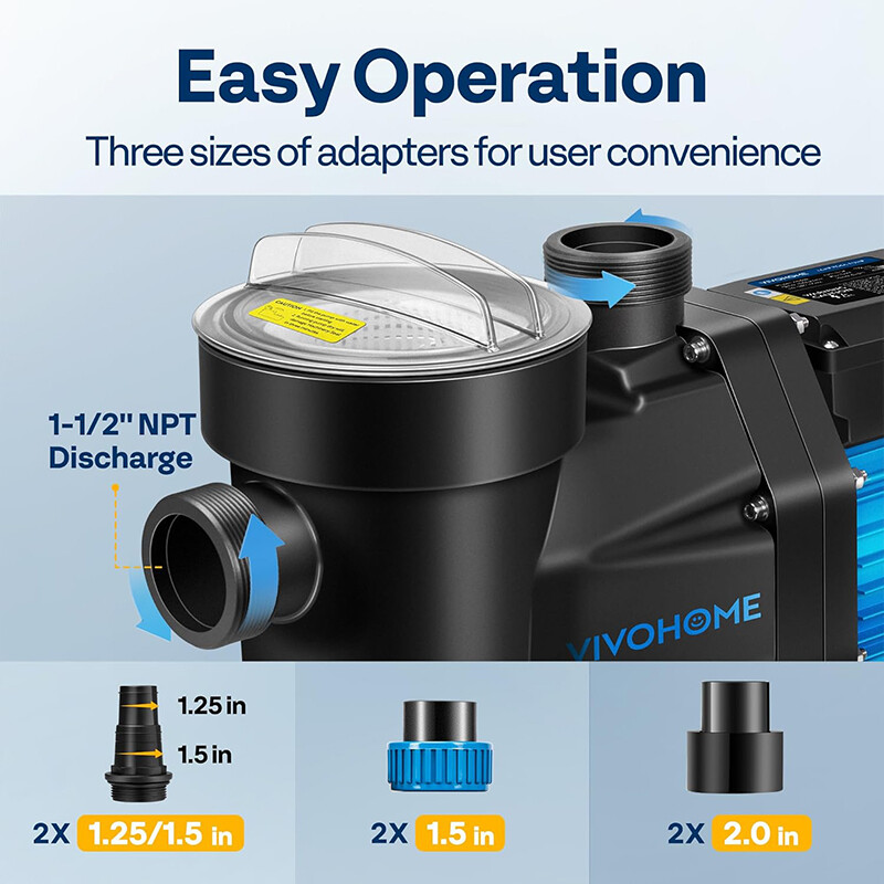 1.5/2.0 HP Self Priming Swimming Pool Pump for In/Above ground Pool w/ Strainer