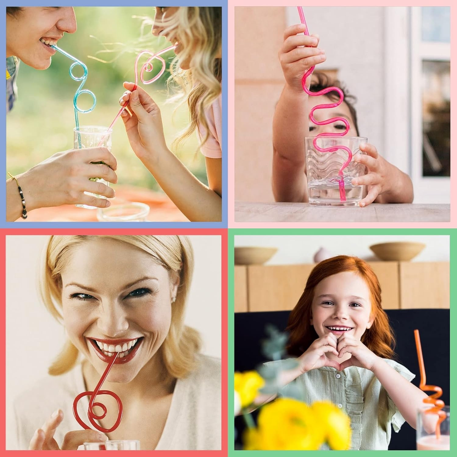 66 Pcs Reusable Plastic Colorful Loop Straws, 11 Different Designs, 10” Silly S