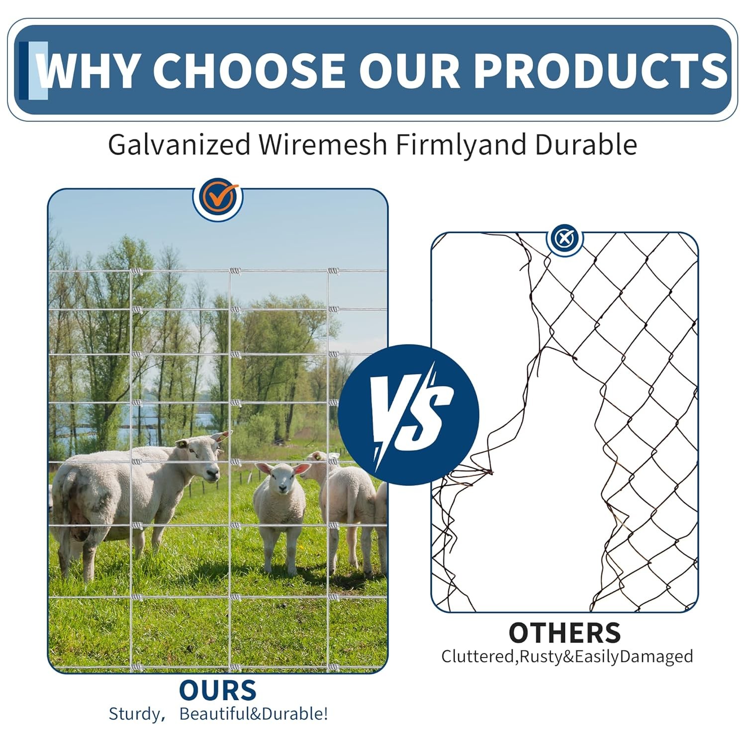 4/5/6FT x 164/328FT Farm Fence Outdoor Galvanized Cattle Fence Animal Protection