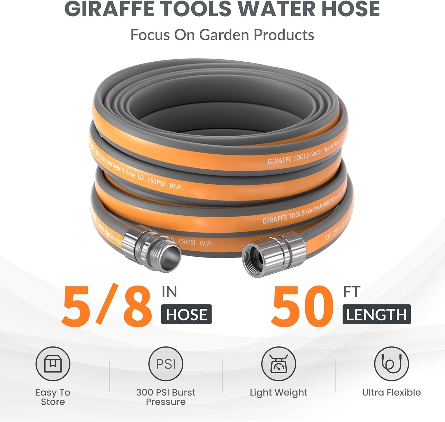 Giraffe Tools Garden Hose Heavy Duty Lay Flat Water Hose, No Kink, 5/8″ 5-100FT