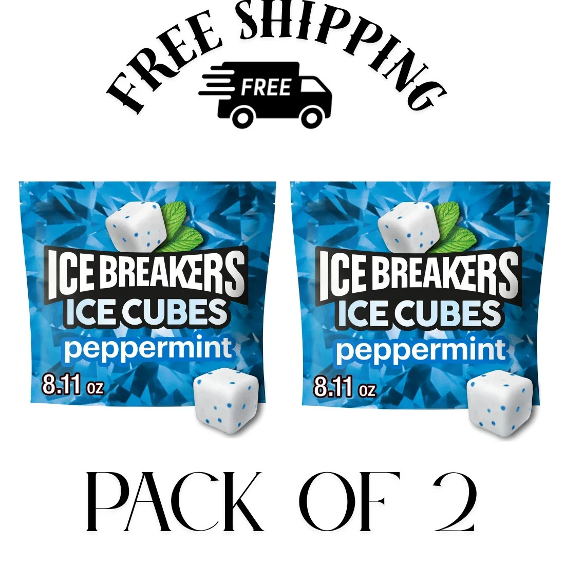 (PACK OF 2) Ice Breakers Ice Cubes Peppermint Sugar Free Chewing Gum, 100 Pieces