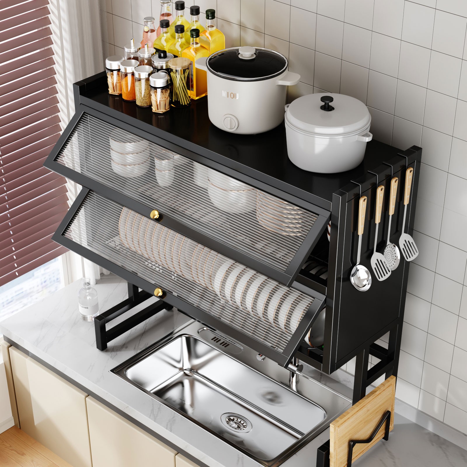 Dish Drying Rack Utensil Storage Cabinet Kitchen Over The Sink 33.46in 2 Tier