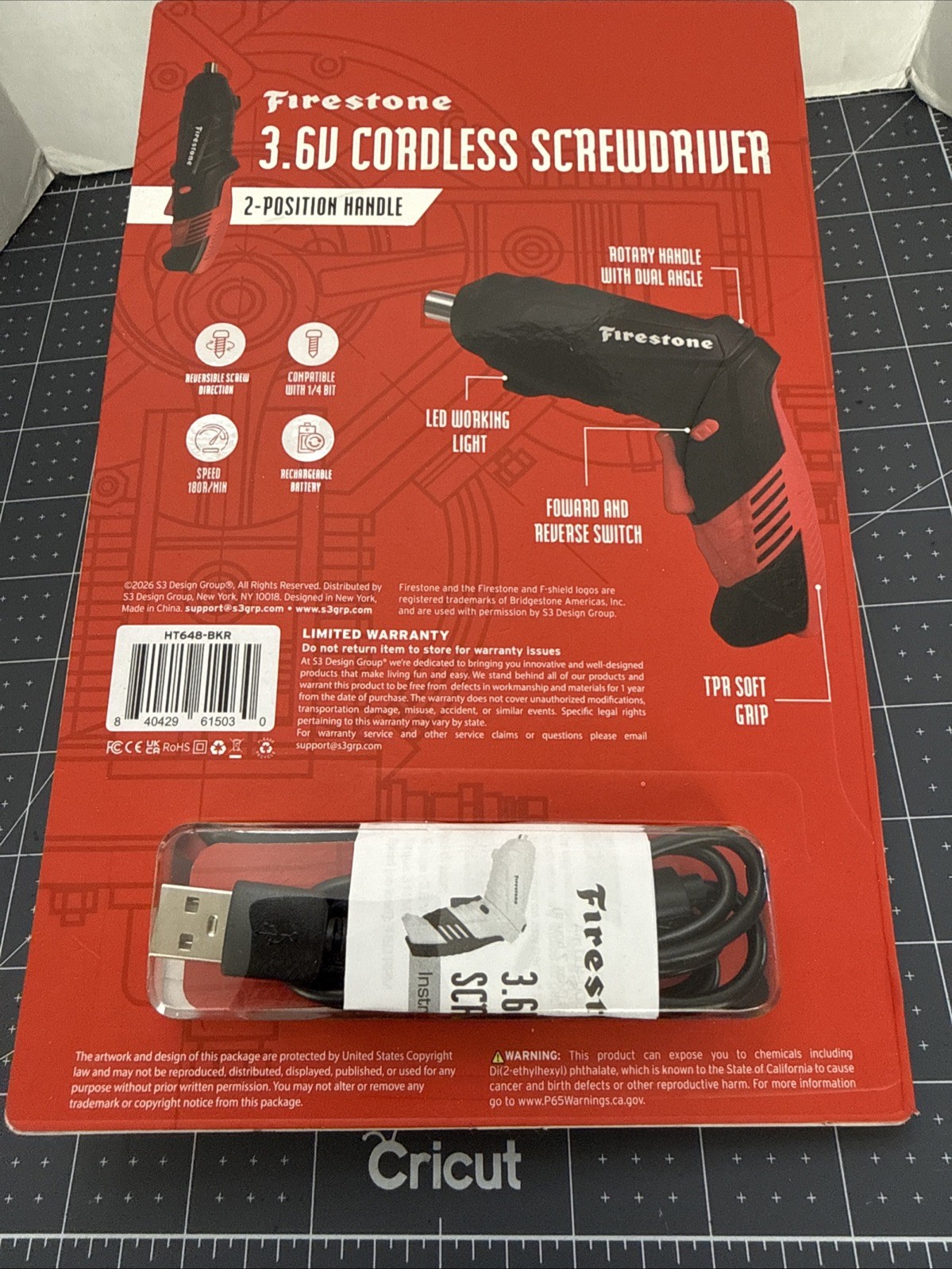 Firestone 3.6V Cordless Screwdriver, 2 Position Handle, USB Rechargeable