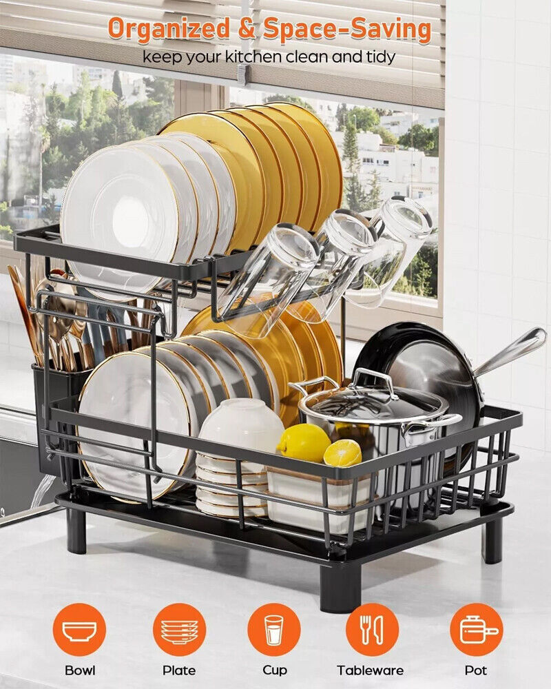 Over Sink Dish Drying Rack 2-Tier Stainless Steel Kitchen Shelf Cutlery Drainer