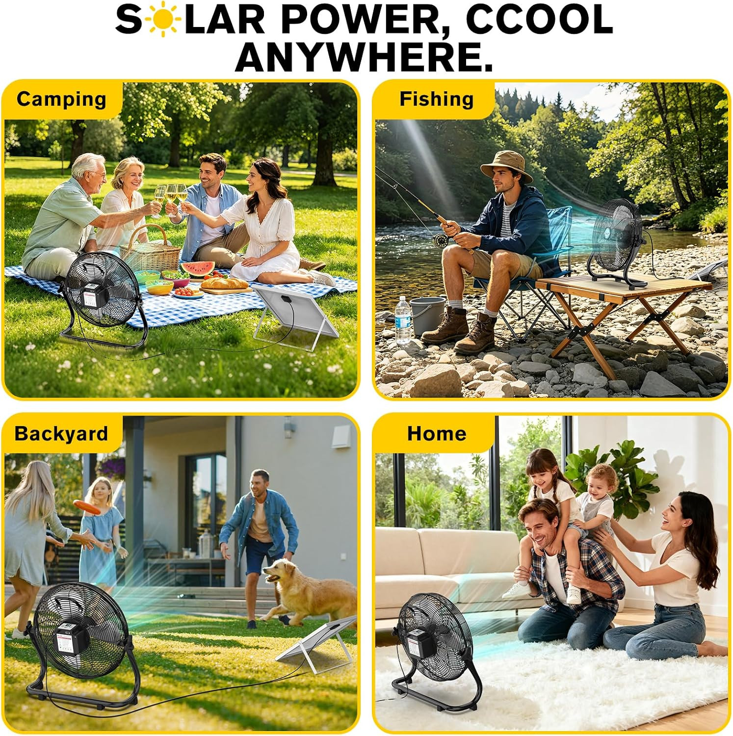 14″ Solar Powered Fan with 20W Solar Panel & Rechargeable Battery, Portable, Qui