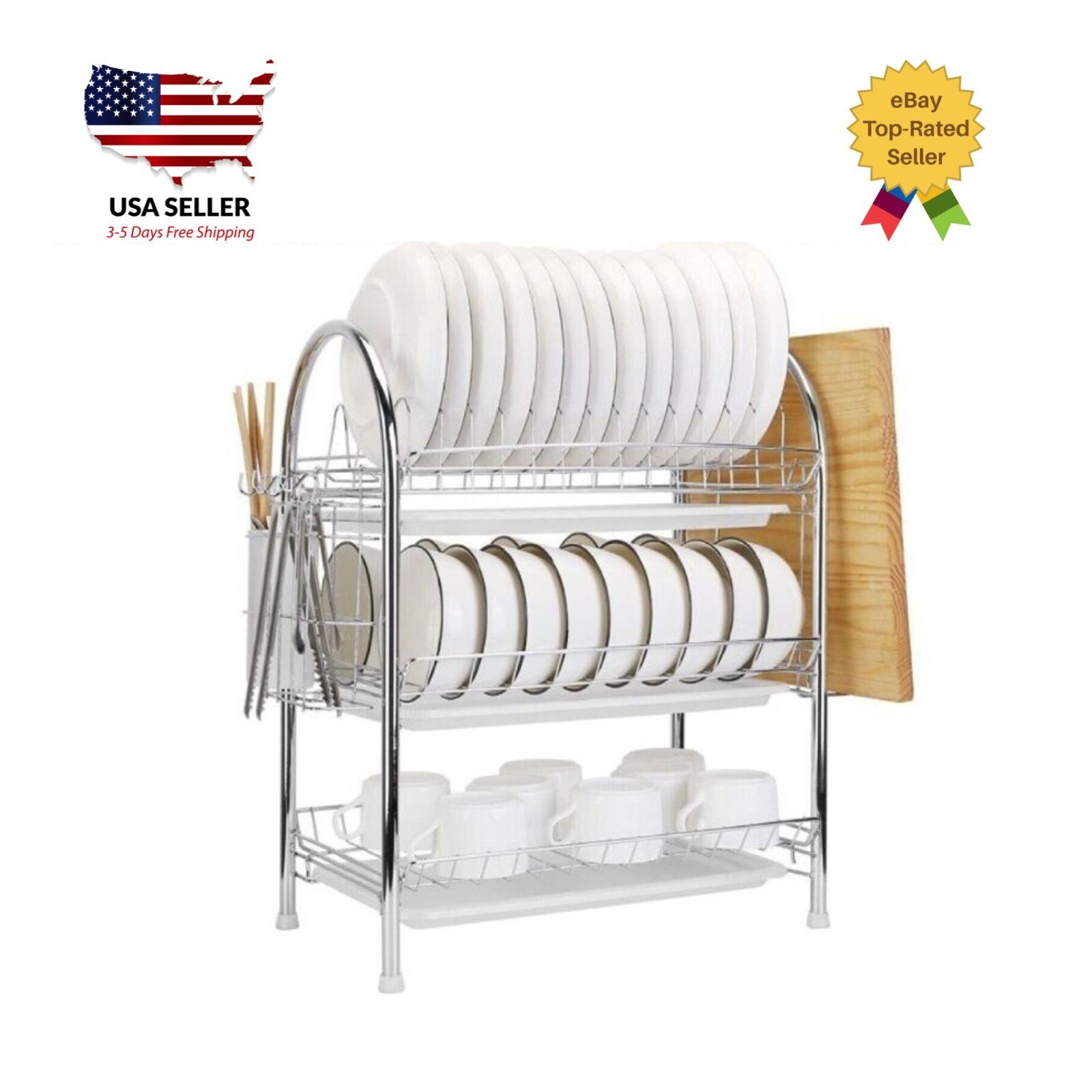 Sink Dish Drying Rack 3-Tier Stainless Kitchen Shelf Cutlery Drainer