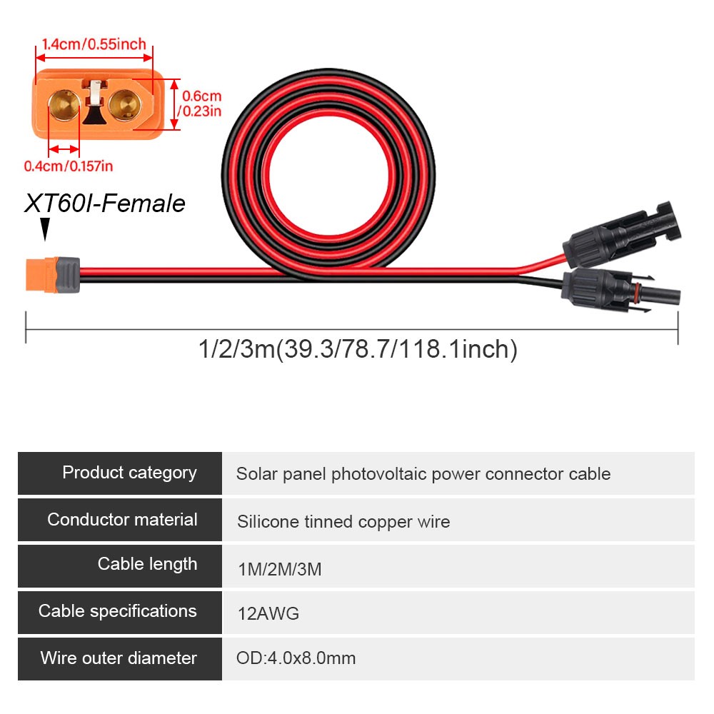 6ft XT60i Female to Solar Connector Solar Panel Extension Charging Cable 12 AWG