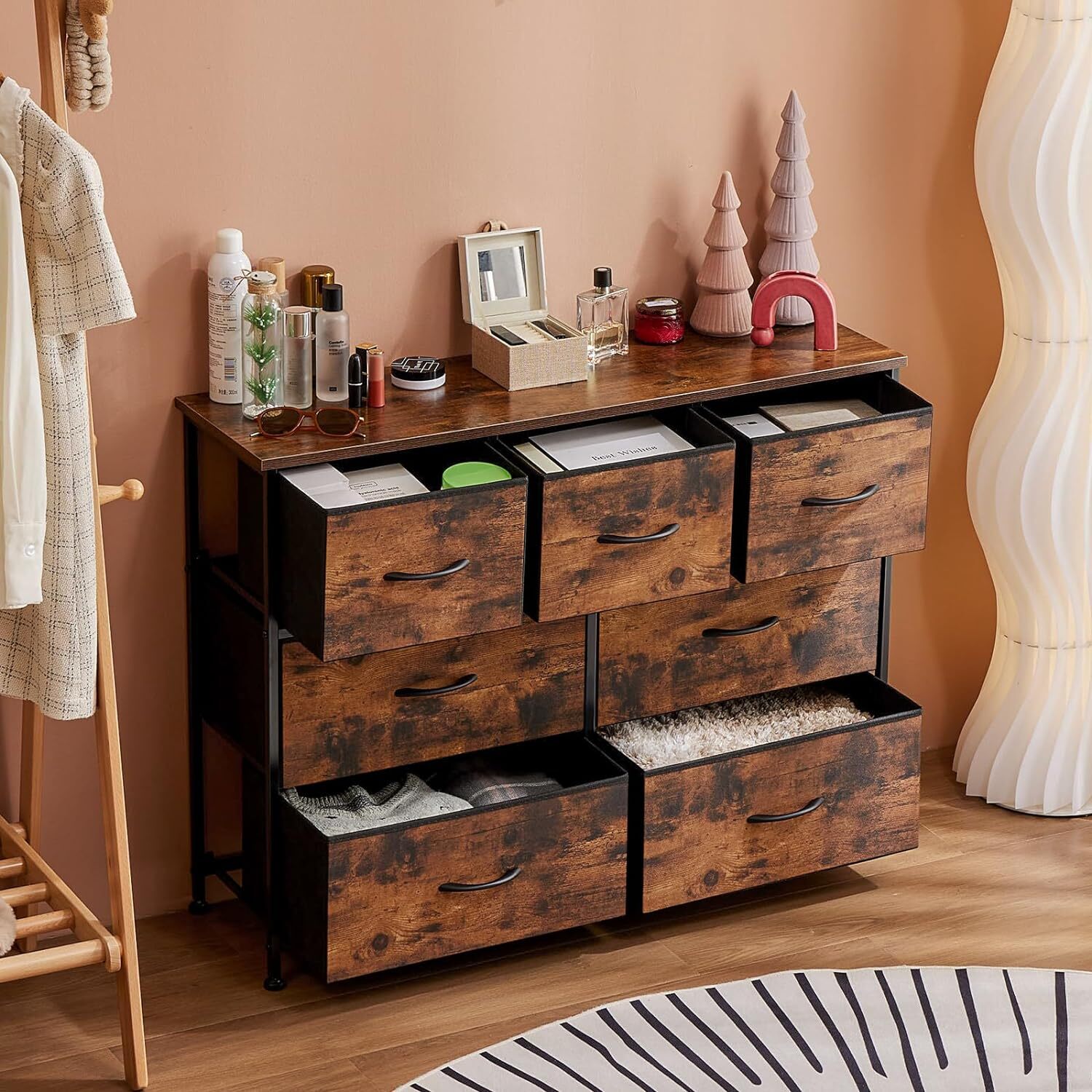 Brown 7 Drawers Dresser Bedroom Fabric Chest of Drawers Organizer Storage Tower