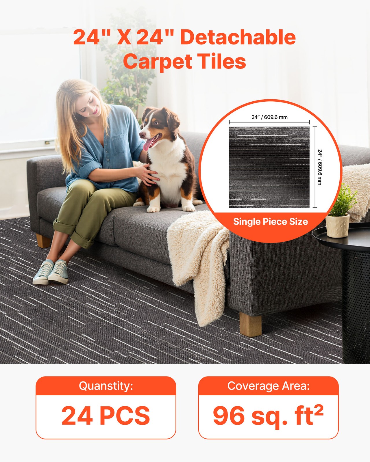 VEVOR Carpet Tiles Reusable 24×24 inch 24 PCS Modular Rug Soft Padded Gray