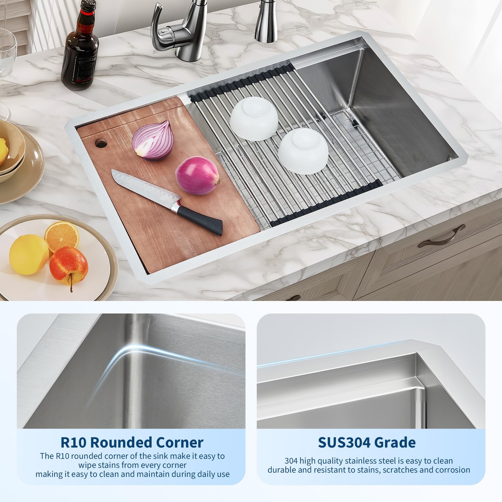 Sleek Kitchen Sink Undermount Single Bowl Stainless Steel 30 In w/ Grid Strainer