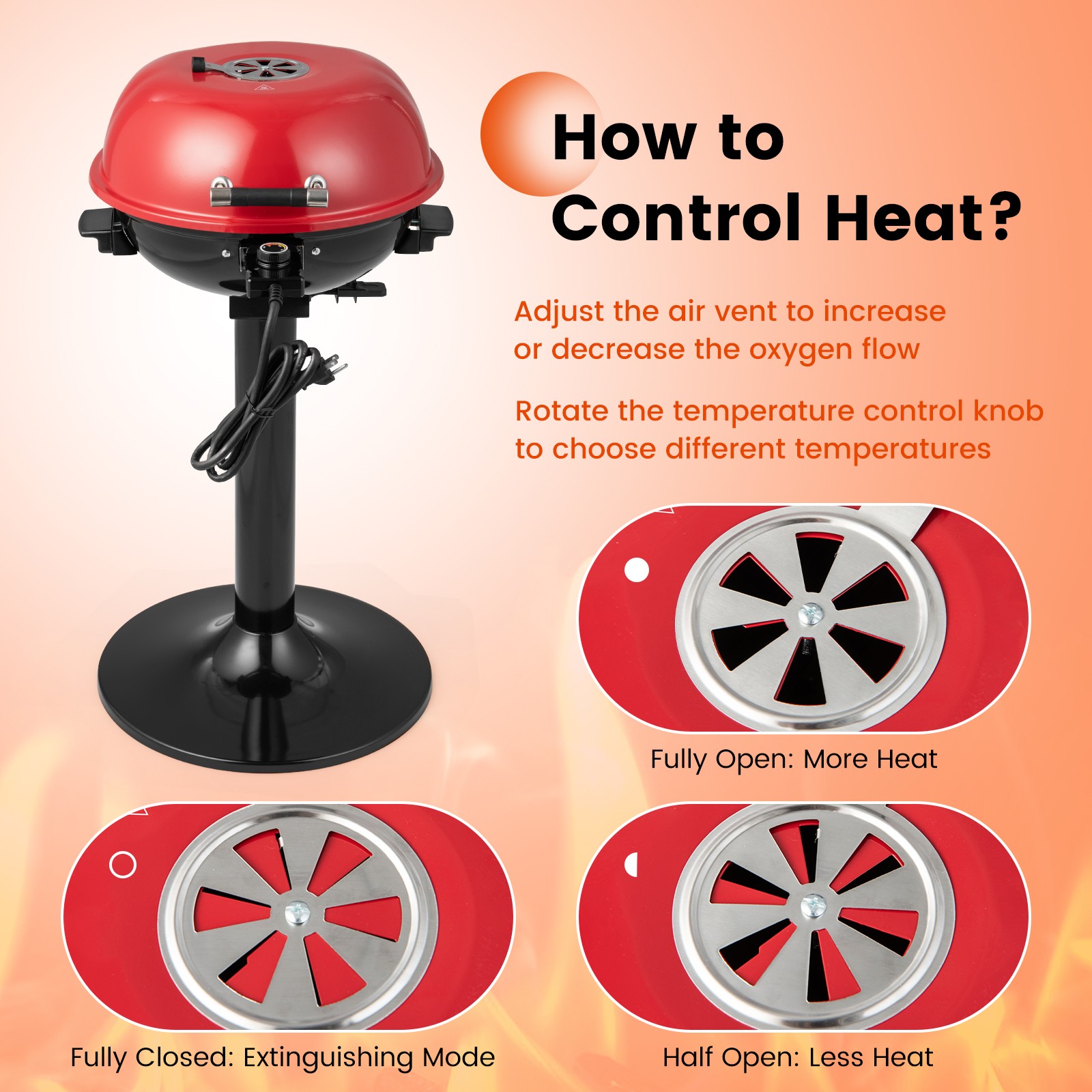 Portable 1600W Electric BBQ Grill w/ Temperature Control & Grease Collector Red