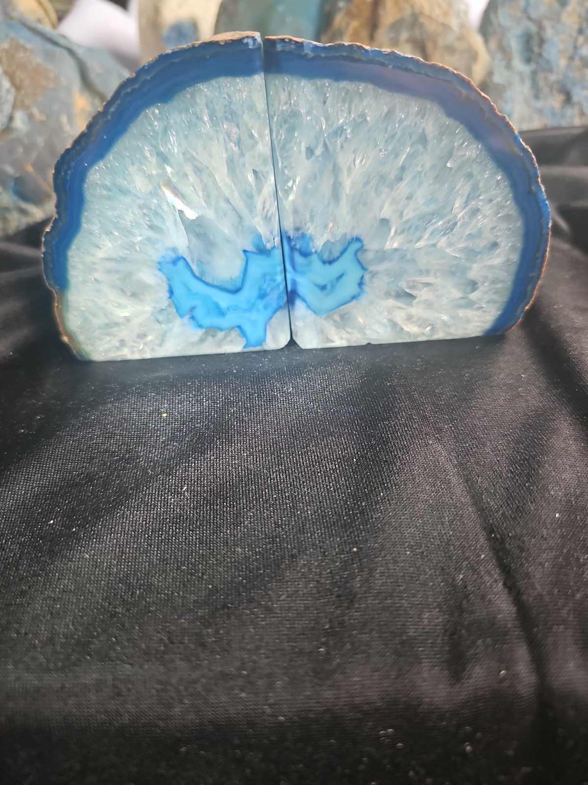Large Blue Agate Geode Bookends Druzy Quartz Crystal Matching Pair Polished2.9lb
