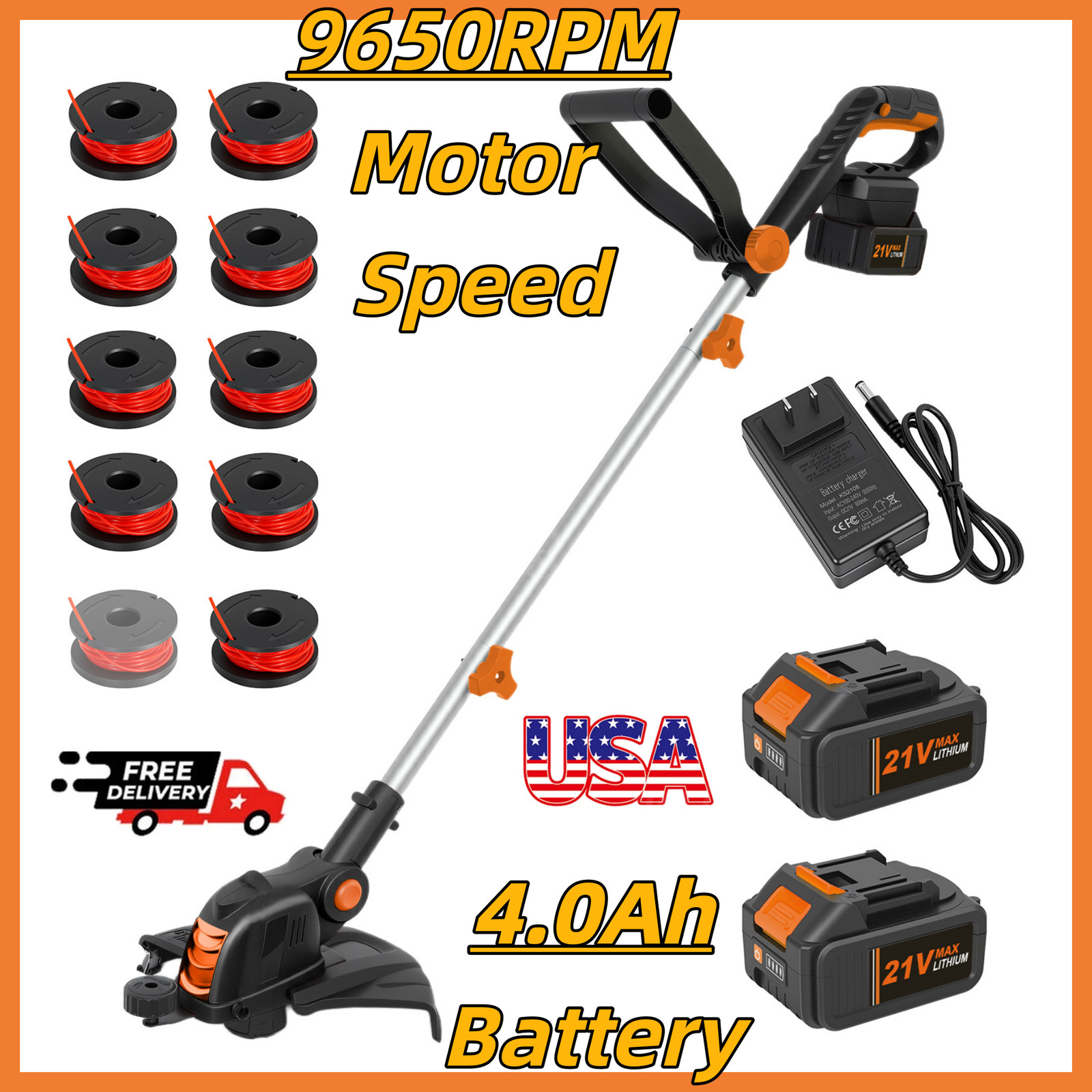 Electric Cordless Grass String Trimmer Lawn Edger Weed Cutter&2 Battery&1Charger