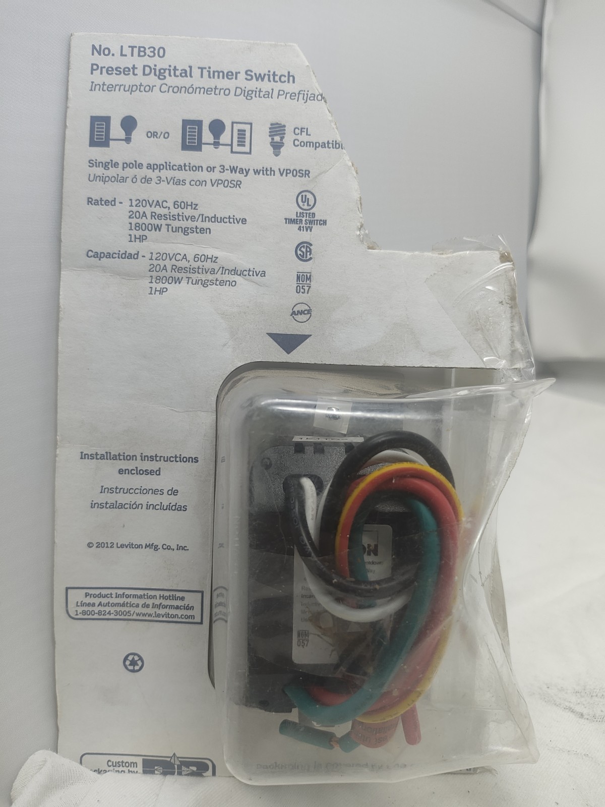 Leviton Decora Countdown Timer 20A 1800W 30 Min 3-Way White #LTB30 NOB Read