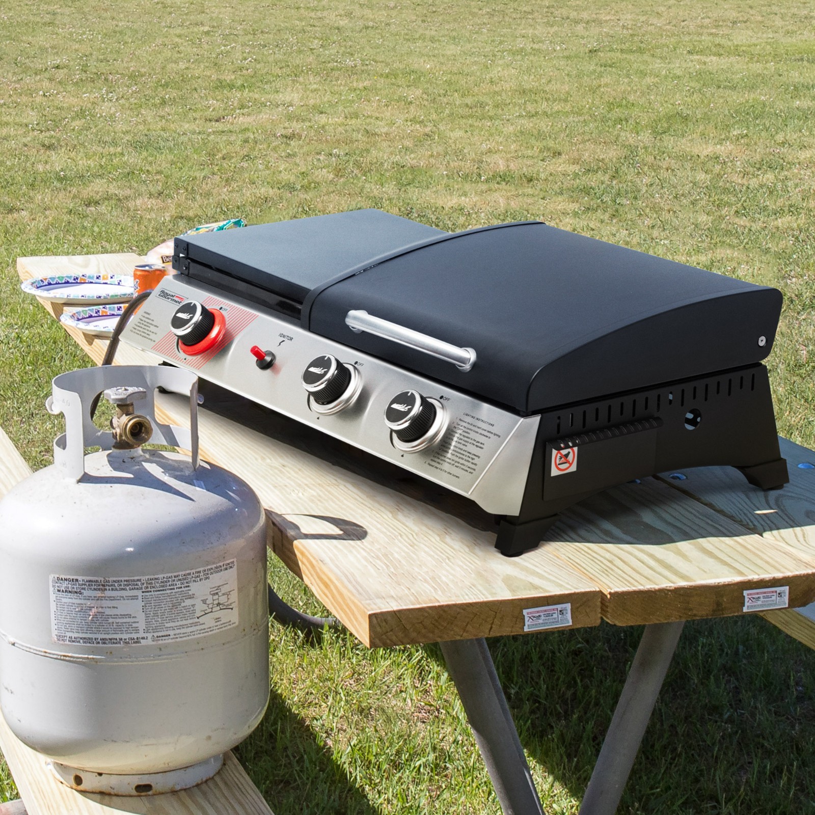 Royal Gourmet 3-in-1 Portable Gas Griddle with Side Burner and Lid for Outdoor