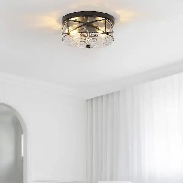 LamQee 9.8 in. 2-Light Black Flush Mount Glass Ceiling Light with Metal Frame