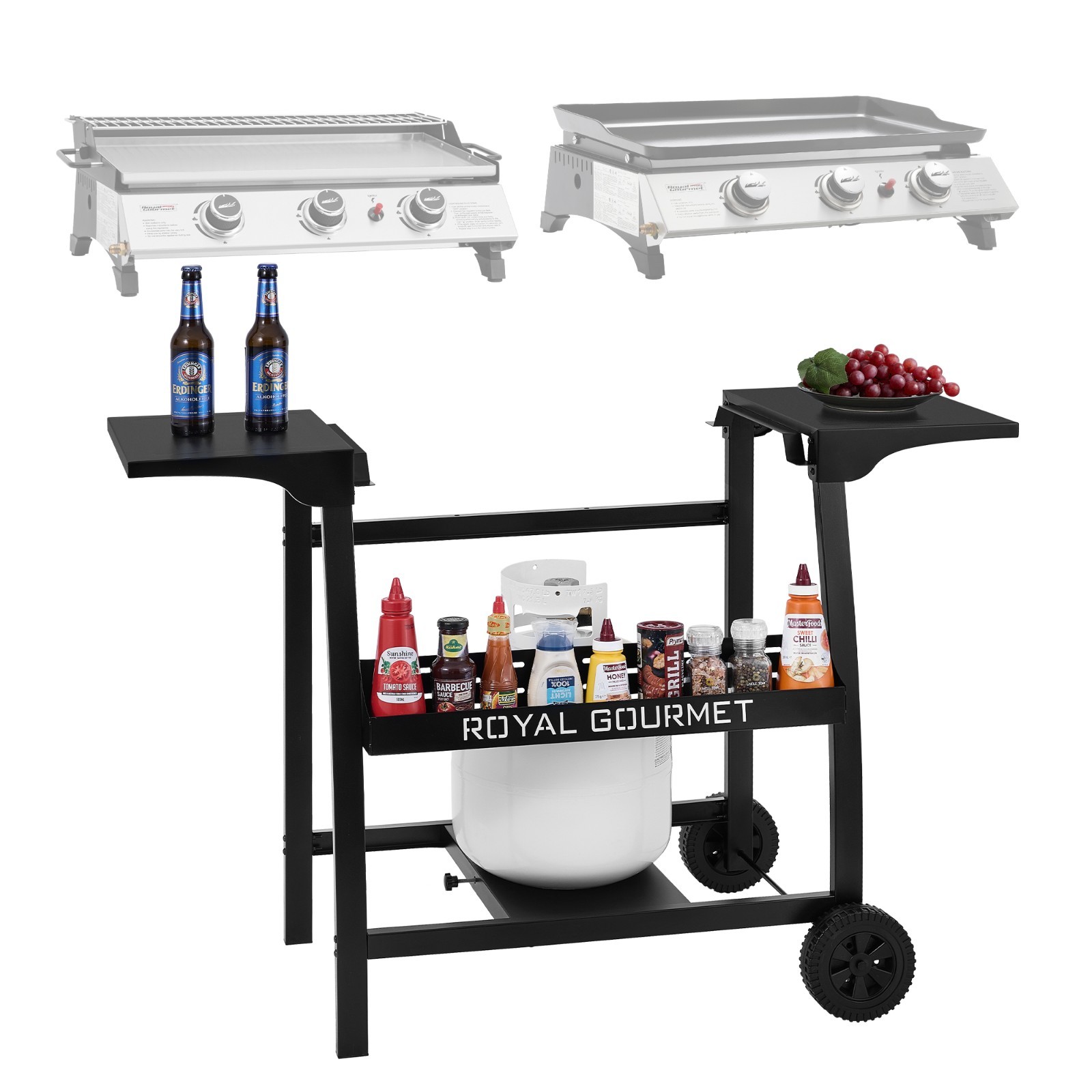 Royal Gourmet Tabletop Griddle Stand with Basket and Side Shelves, Black