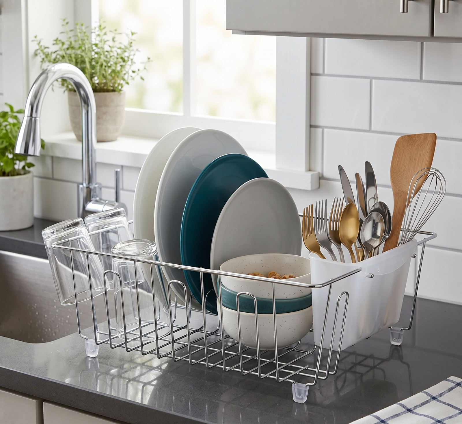 Kitchen Steel Over Sink Dish Drying Rack with Cutlery Holder Drainer Organizer