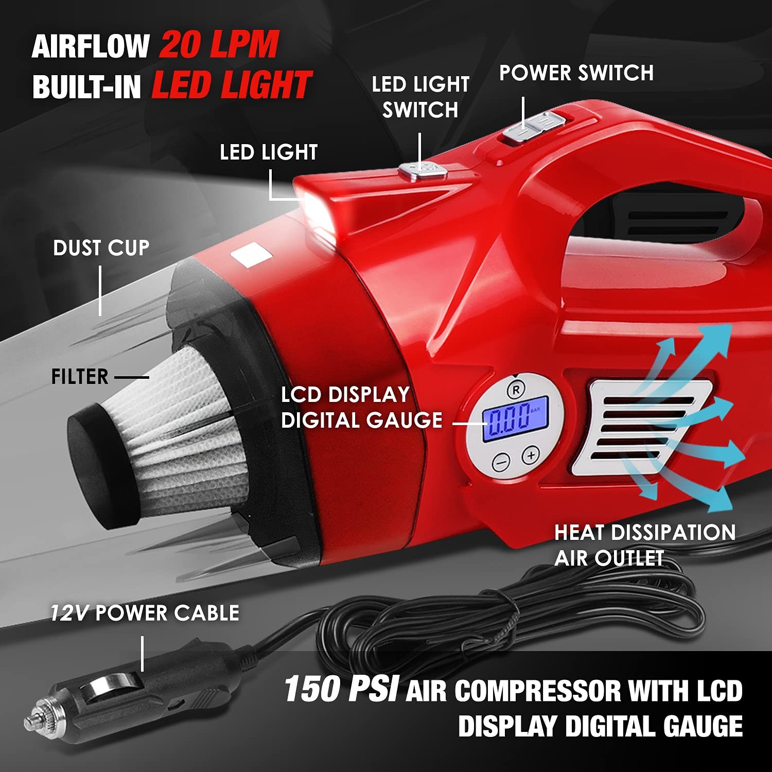 Dna Motoring Tools-00182 Portable Handheld High Power Mini Corded 2 In 1 Vacuum