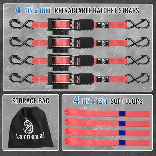 Retractable Ratchet Straps 4 Pack – 1,500 Lbs Break Strength 1 in x 10 Ft Red