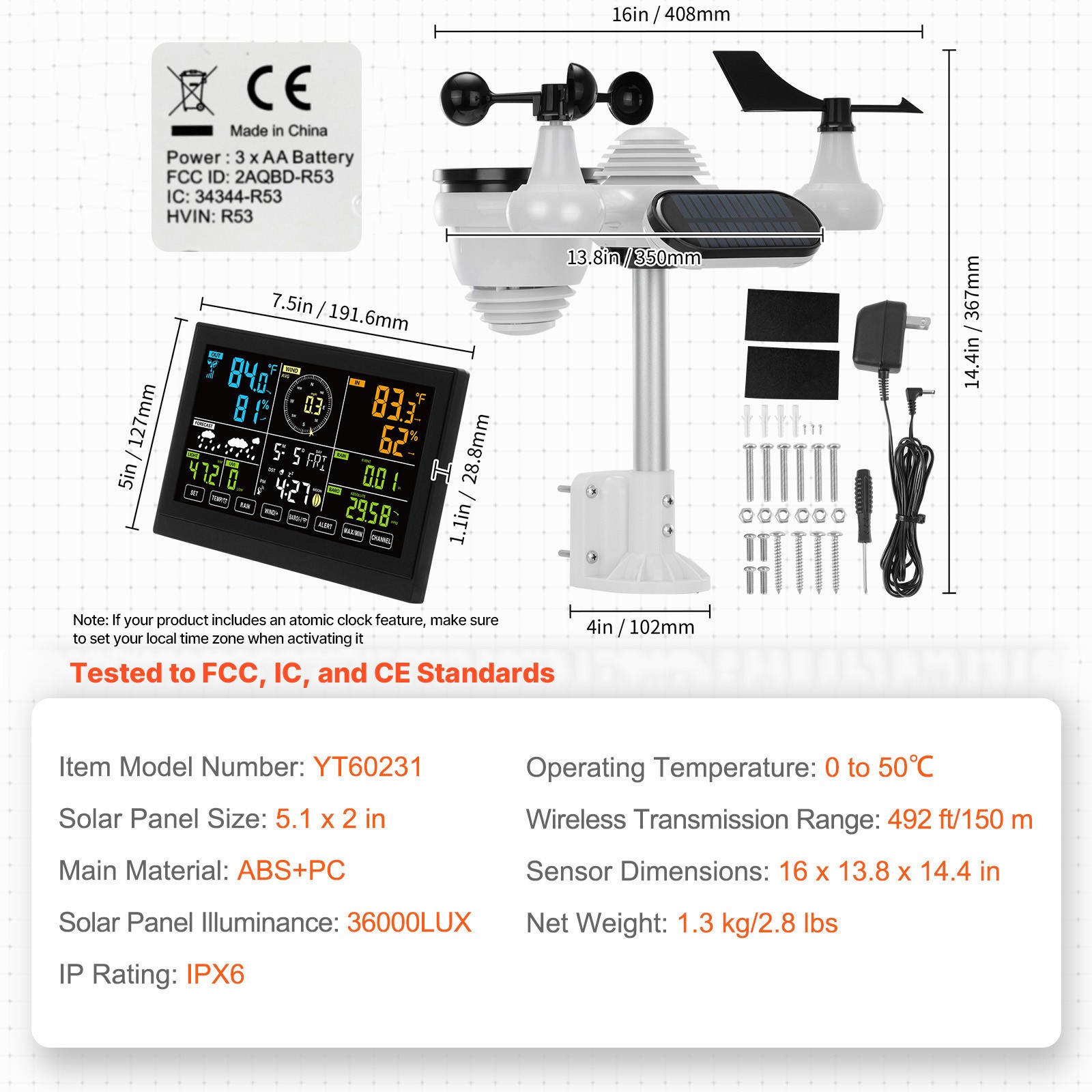 VEVOR 7-in-1 Wireless Weather Station 7.5 in Large Display for Indoor Outdoor