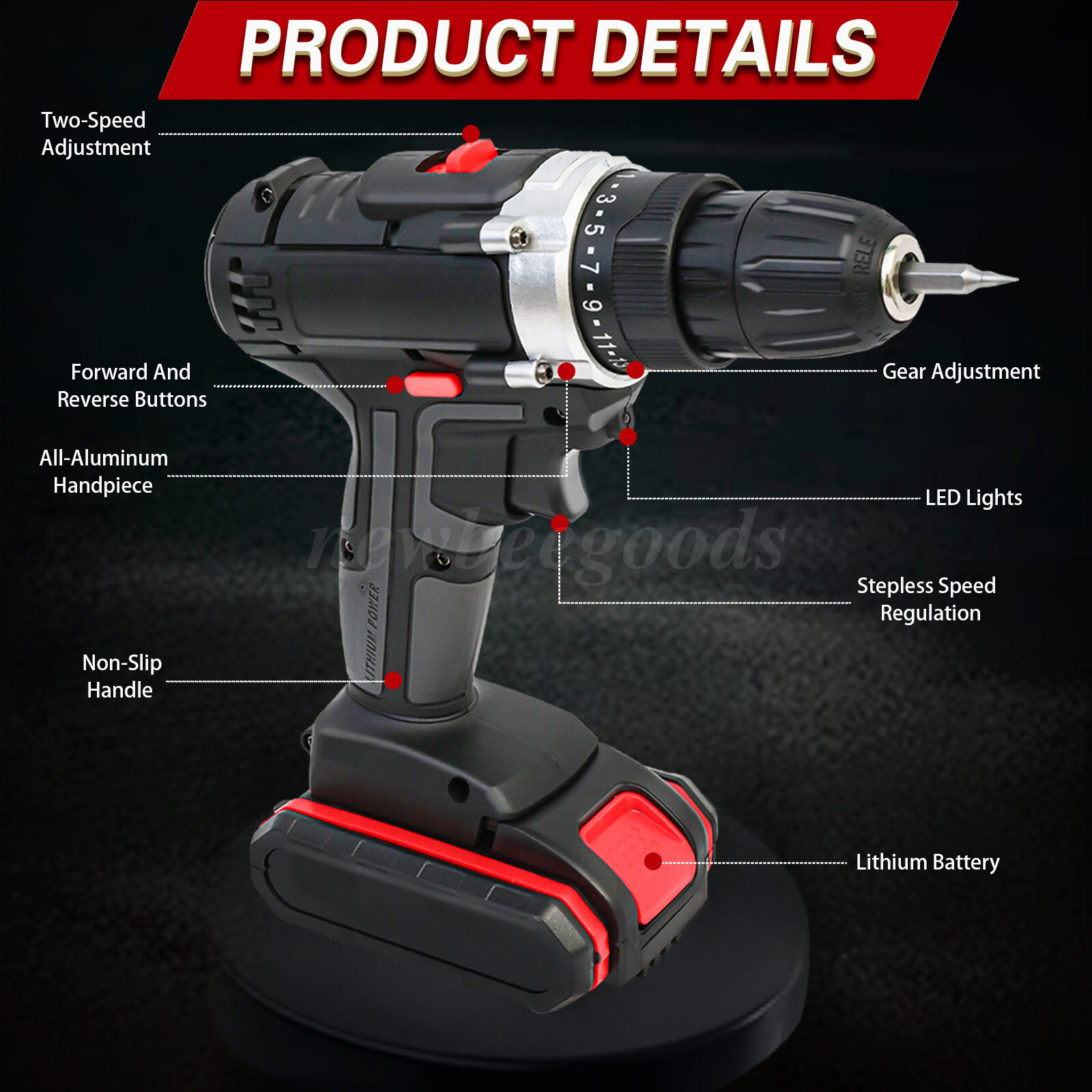 21V Electric Drill 3/8″ Power Cordless Screwdriver Drill Set with 2 Battery Kit
