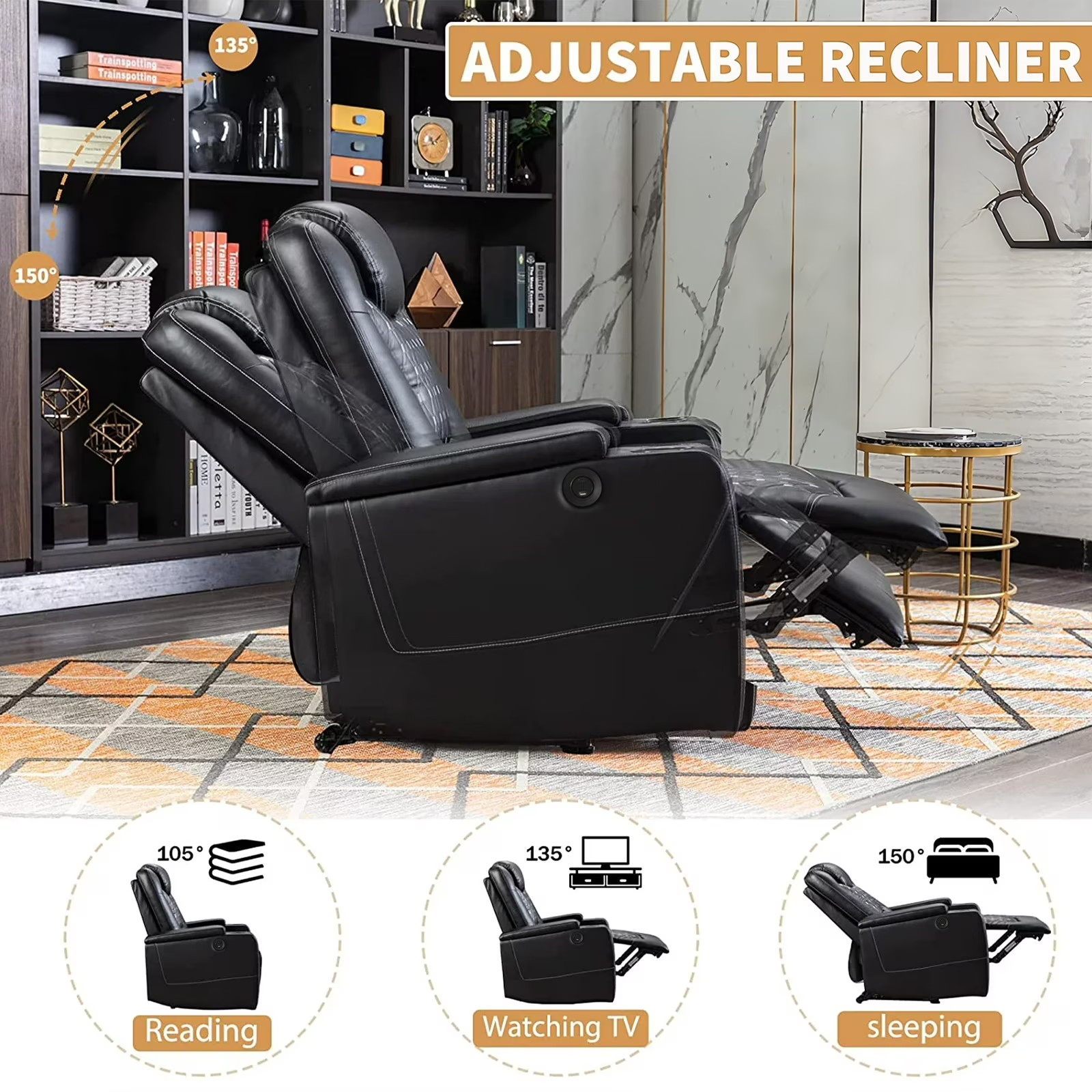 Canmov PU Leather Power Recliner Chair w/ USB Ports Cup Holders & Hidden Storage