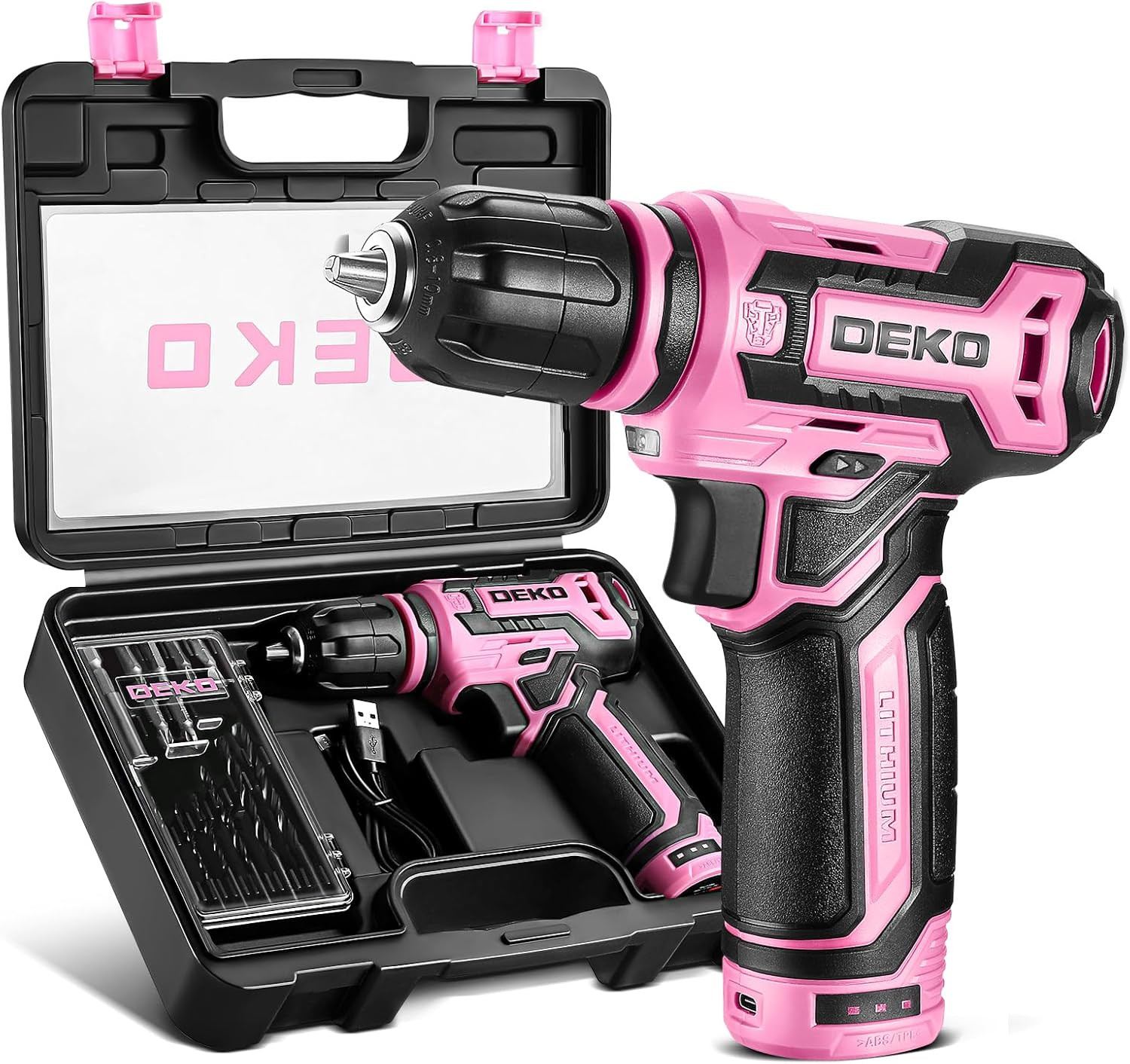 DEKOPRO 12V Cordless Power Drill Set, Pink, 800RPM Electric Drill with Tool Kit
