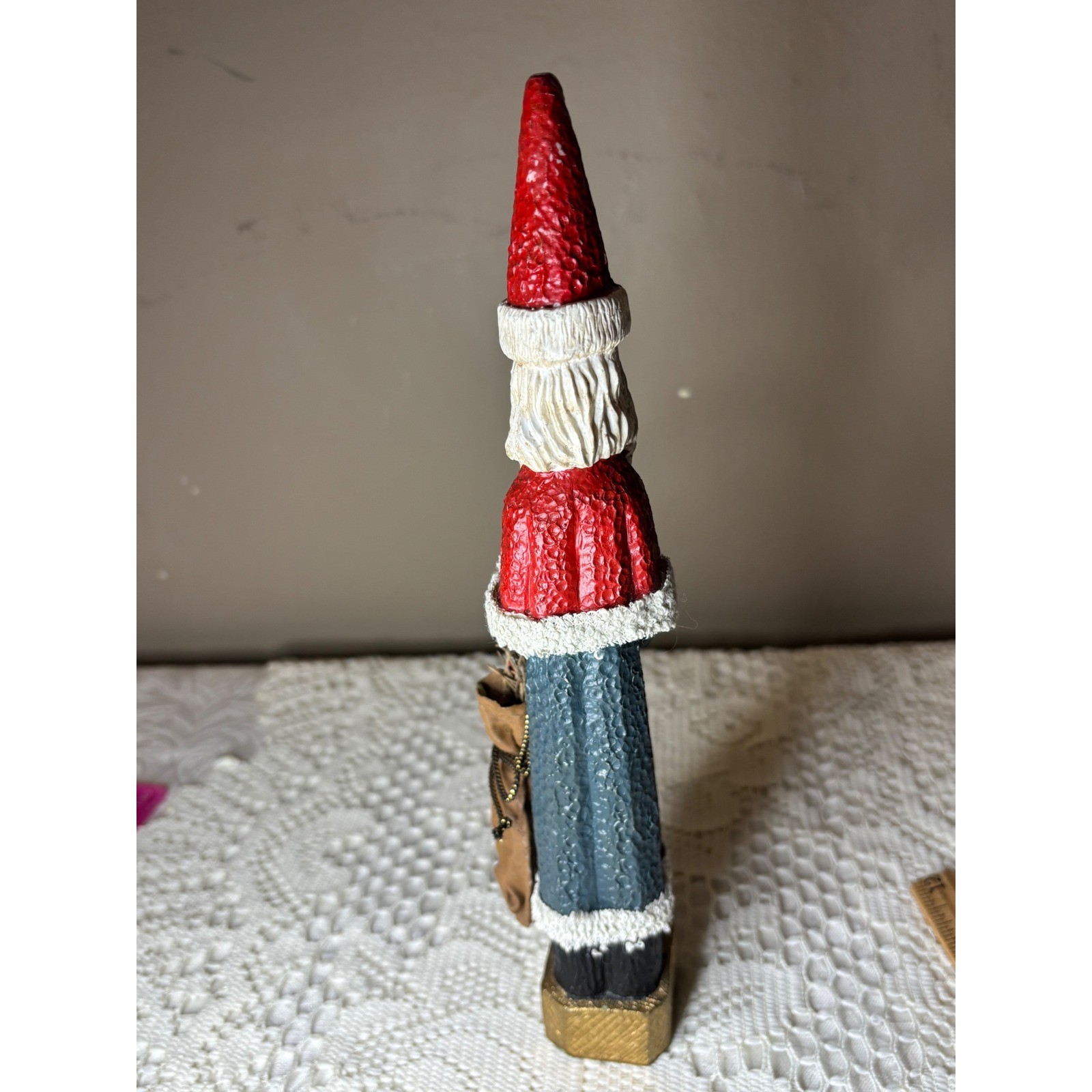 Vintage Folk Art Tall Slender Santa Claus Figurine Red Blue Holiday Decor 9.5in