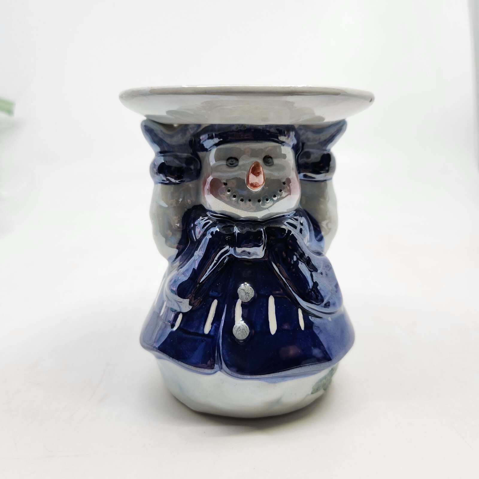Blue and White Snowman Pillar Candle Holder Riser Shiny 4.25″ H Pre-owned