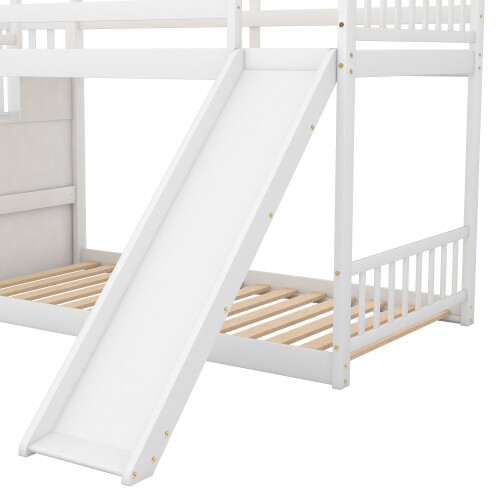 Stairway Wooden Bunk Bed w/ Slide Low Floor Bed for Kids Teens Adults,White/Gray