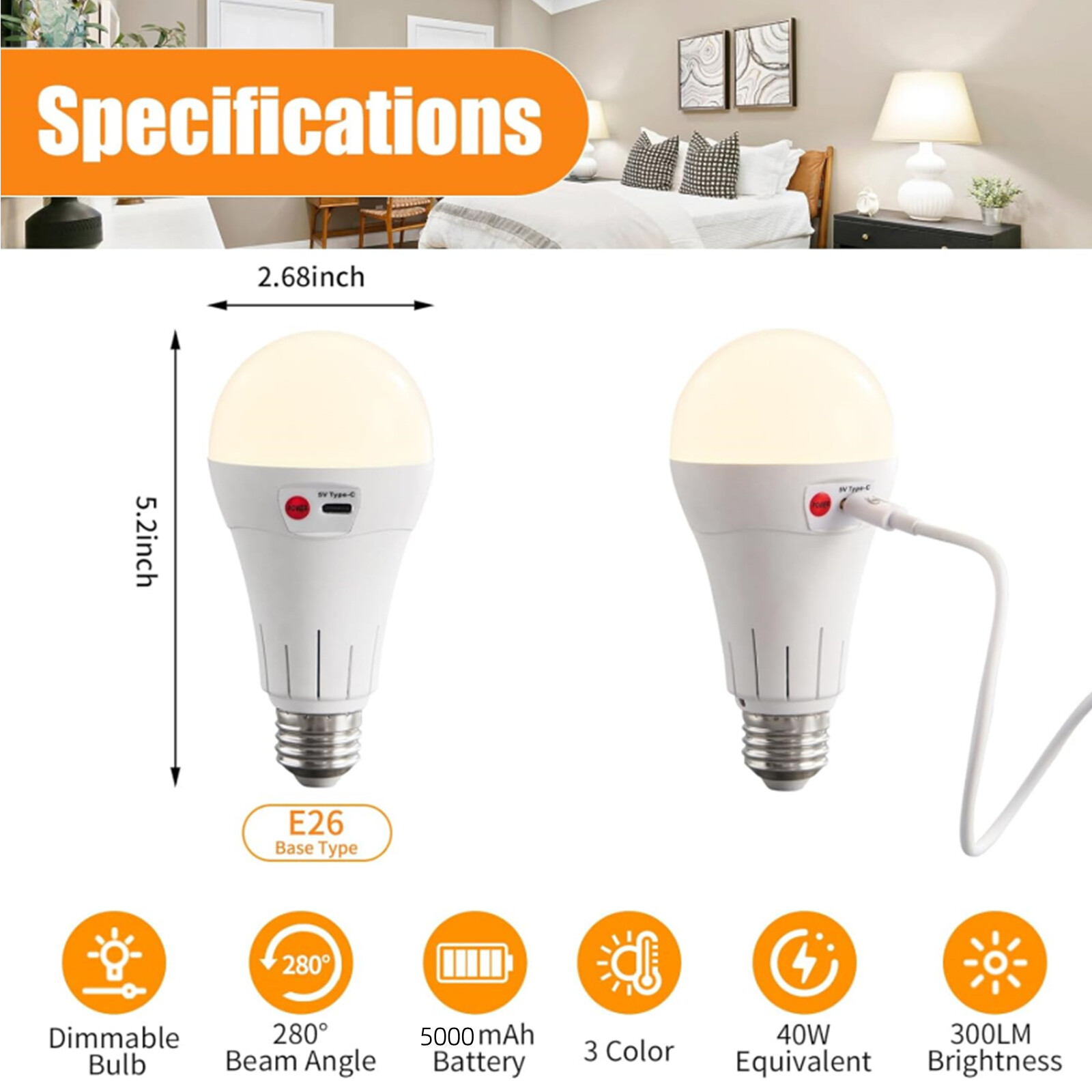 Rechargeable Battery Operated Light Bulbs w/Remote Wireless E26 LED Bulb 5000mAh